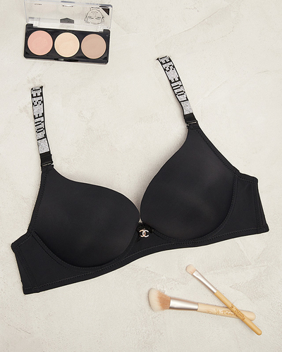 Черный однотонный бюстгальтер с декорированными бретелями - Нижнее белье