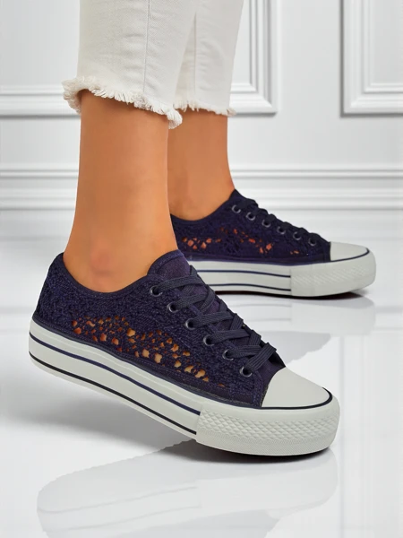 Aureliana Navy 镂空 Fabric Flat-Soled Kicks