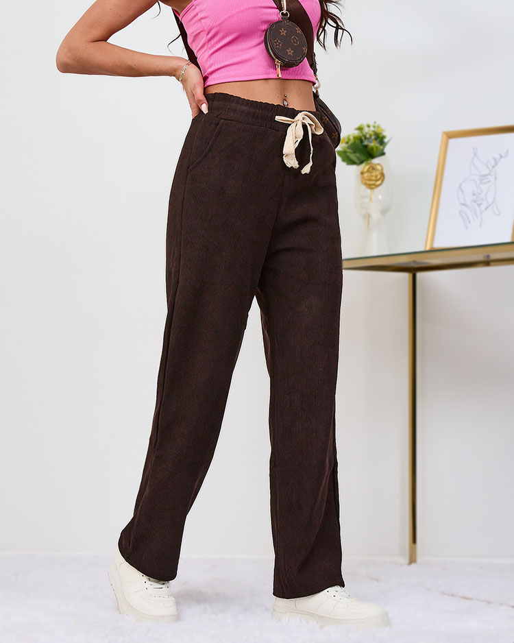 "Royalfashion Warmed" tamsiai rudos spalvos velveto kelnės moterims