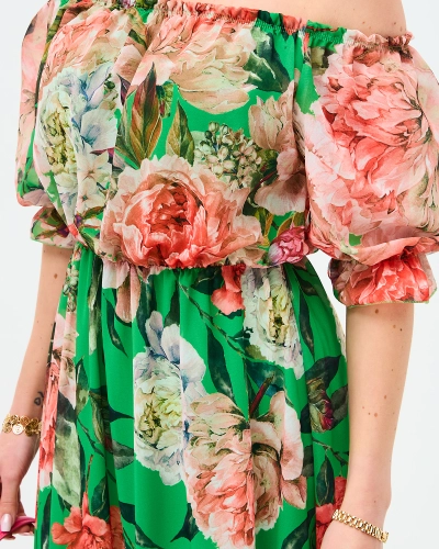 Зеленое женское длинное платье с цветочной подкладкой - Одежда