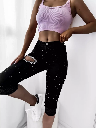 Juodi moteriški 3/4 džinsiniai šortai su cirkonais - Apranga