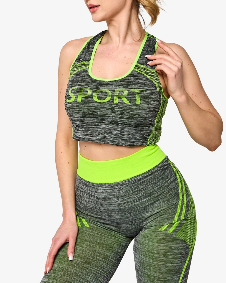 Серый женский спортивный комплект с неоново-желтыми вставками - Одежда