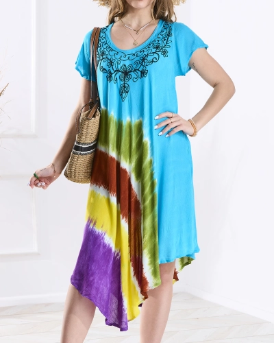 Mėlyna moteriška paplūdimio suknelė su spalvingu raštu - Apranga