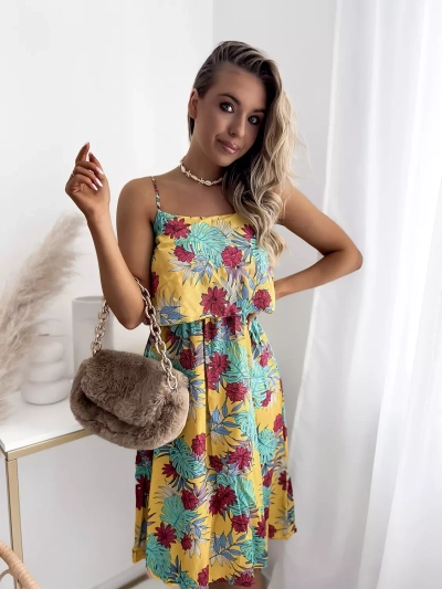 Желтое женское мини-платье с цветочным мотивом - Одежда