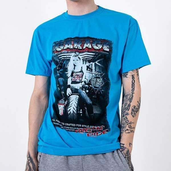 Šviesiai mėlyni medvilniniai vyriški marškinėliai, dekoruoti atspaudu ir užrašu-Drabužiai