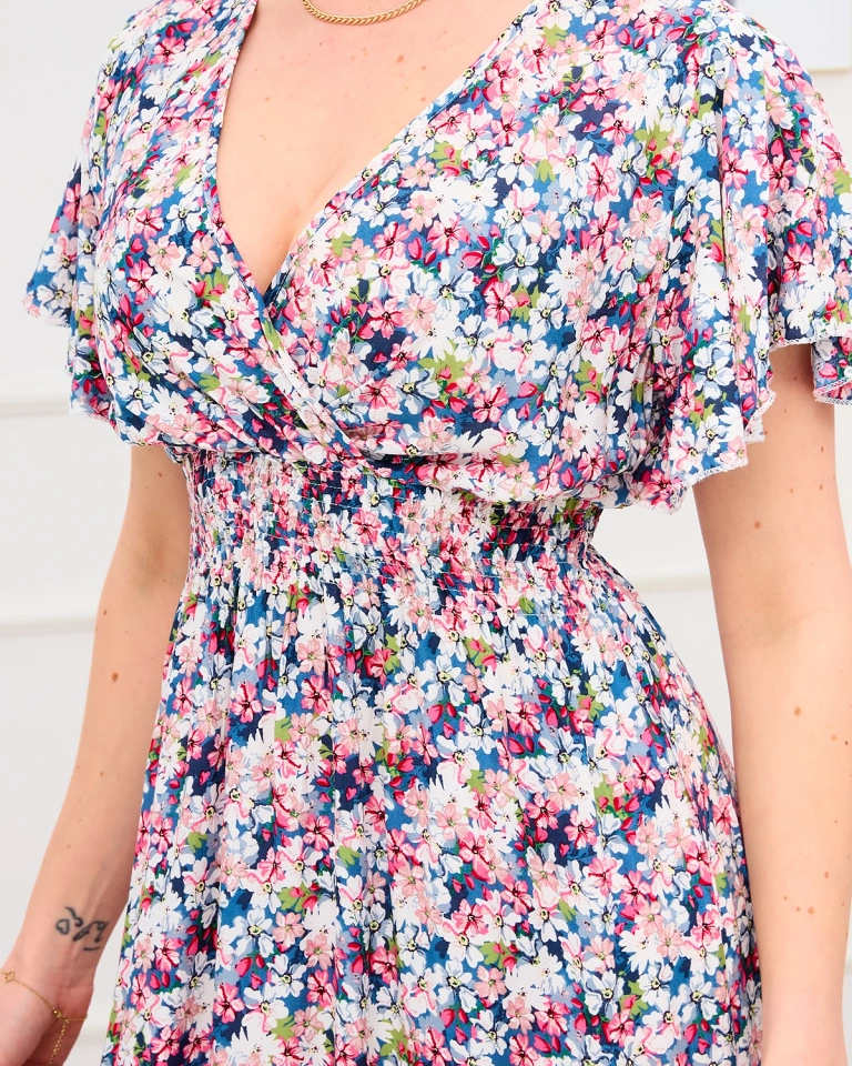 Голубое и розовое женское цветочное платье макси - Одежда