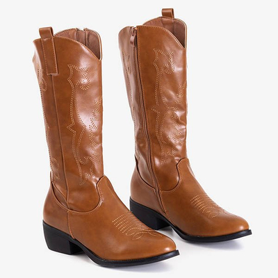 Eko-skórzane kozaki damskie typu kowbojki w camelowym kolorze Peitra - Obuwie