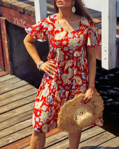 Royalfashion Красное женское платье с красочным цветочным рисунком