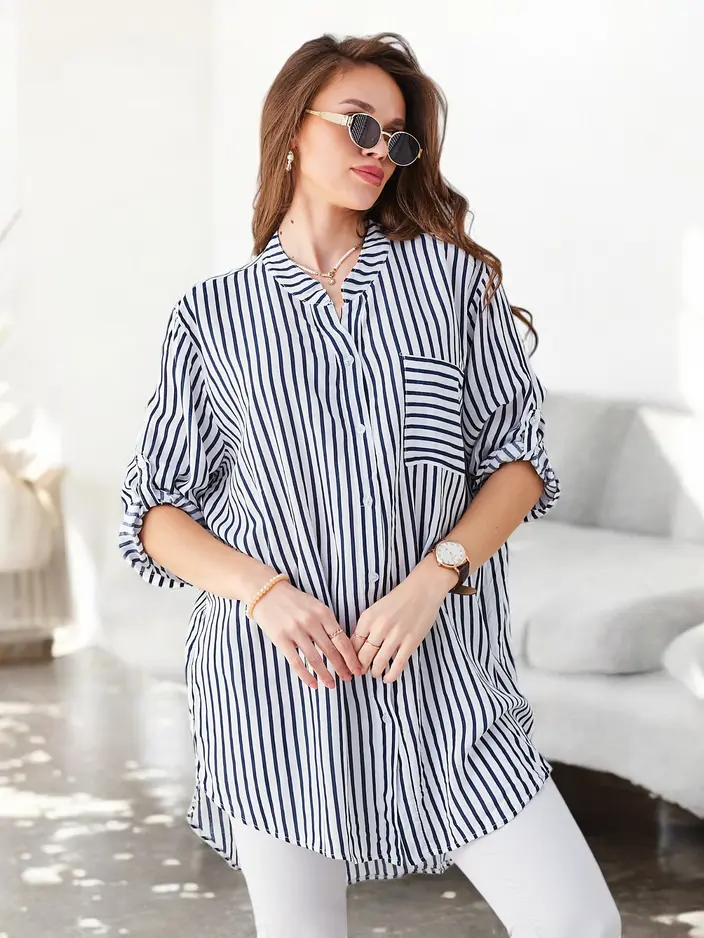 Royalfashion Женская длинная полосатая вискозная рубашка