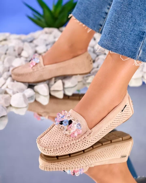 Royalfashion Ажурные светло-коричневые женские мокасины с декоративными кристаллами Cizzas