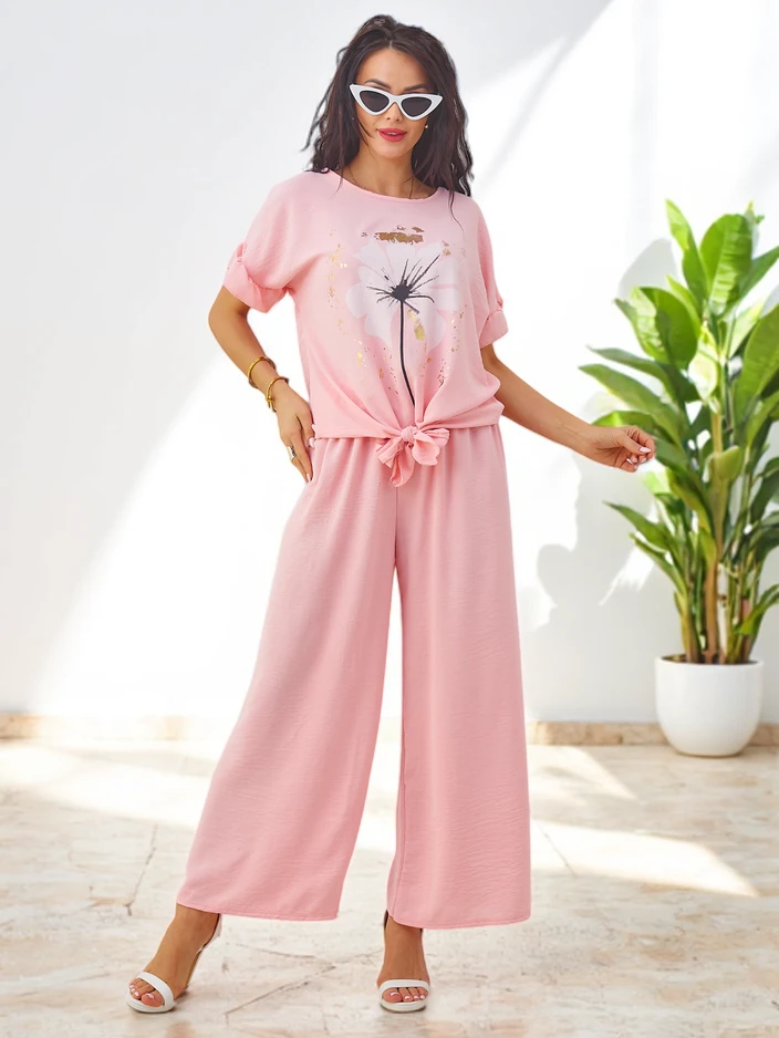 Royalfashion Женский повседневный комплект с блузкой с коротким рукавом и широкими брюками