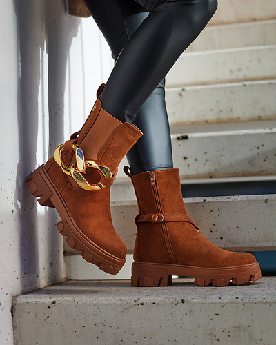 OUTLET Moteriški aukštakulniai su auksine grandinėle, kupranugario spalvos Elrudi - Avalynė