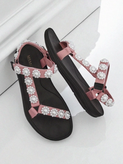 Сандалии Letitia Royalfashion розовые на платформе - жемчужные джеты классические