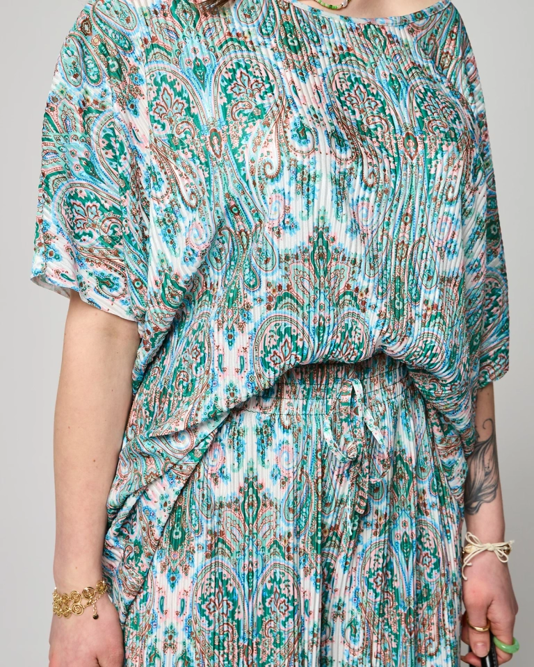 Зелено-белый ребристый женский комплект с принтом - Одежда