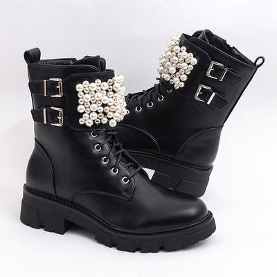 Juodi moteriški žygio batai su perlų ornamentu Anahi - Avalynė