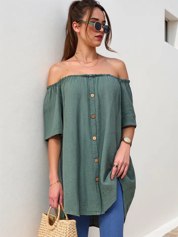 Женская блузка из хлопка в испанском стиле с декоративными пуговицами