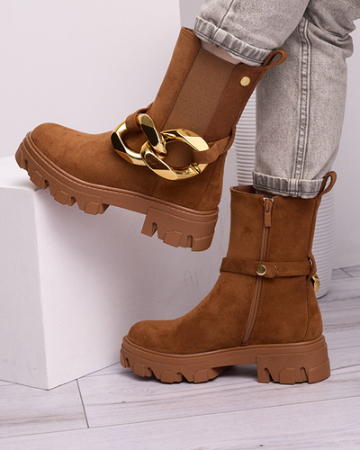 OUTLET Moteriški aukštakulniai su auksine grandinėle, kupranugario spalvos Elrudi - Avalynė