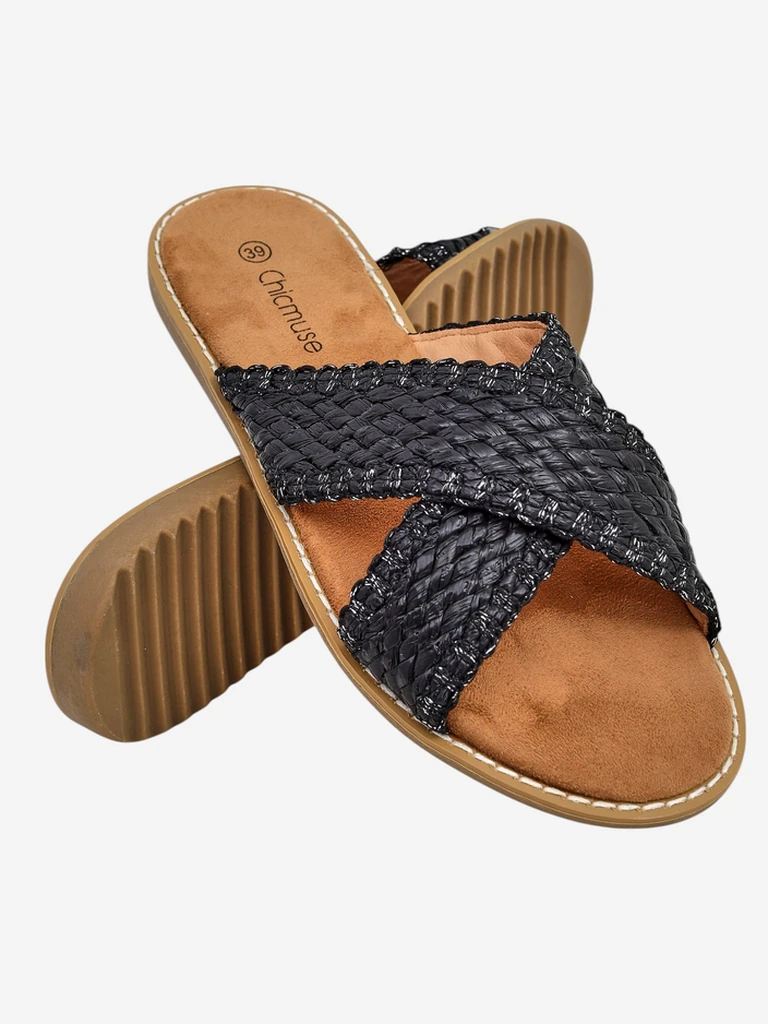 Sandały damskie Calista Nero płaskie, czarna plecionka, skóra ekologiczna