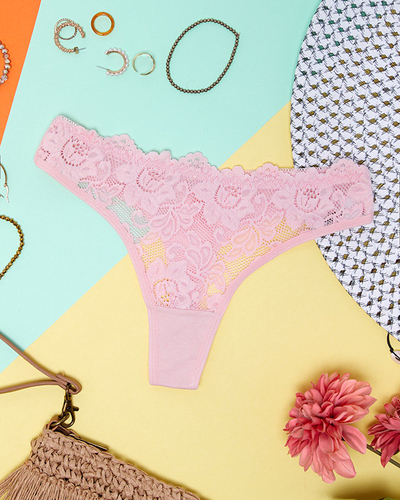 Женские розовые трусики-стринги из хлопка с кружевом - Нижнее белье