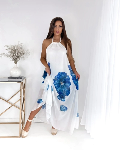 Белое женское платье-миди с голубыми цветами - Одежда