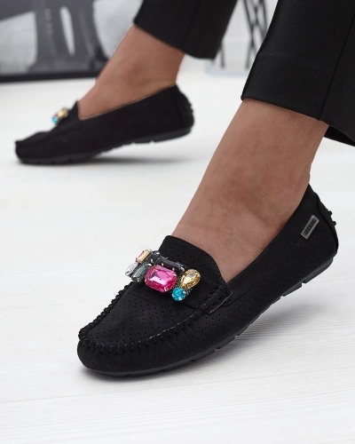 Черные женские ажурные мокасины с разноцветным декором Aqitic - Обувь