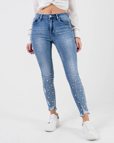 Moteriški mėlyni siauri džinsai su perlais - Drabužiai