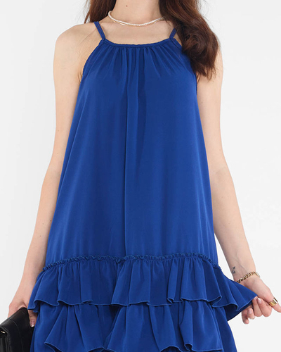 Темно-синее платье на бретелях с оборками