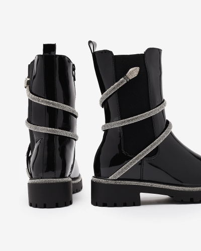 Royalfashion Juodi moteriški lakuoti batai su madingais papuošimais Frosty Glam