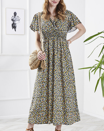 Moteriška gėlėta midi suknelė juodos spalvos- Drabužiai