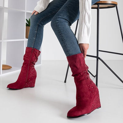 Bordowe damskie botki na koturnie z cyrkoniami Jilli - Obuwie
