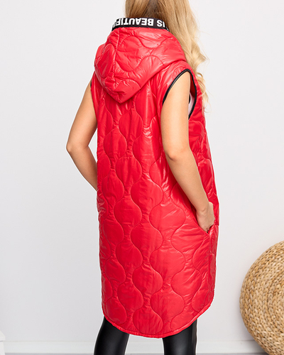Красный длинный стеганый жилет с принтом