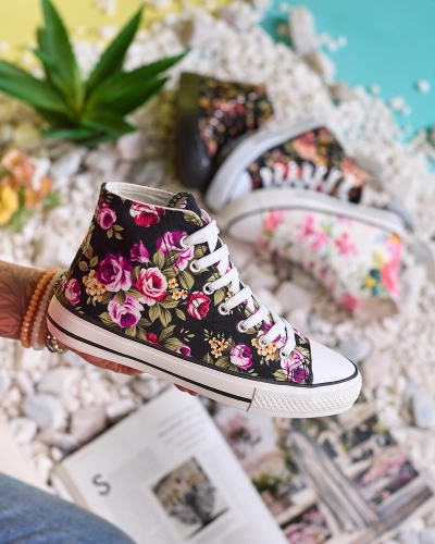 "Royalfashion" Moteriški aukšti juodi bateliai su gėlių raštu Soxic