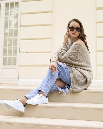 "Royalfashion" Pilkai smėlio spalvos ilgas moteriškas oversize megztinis