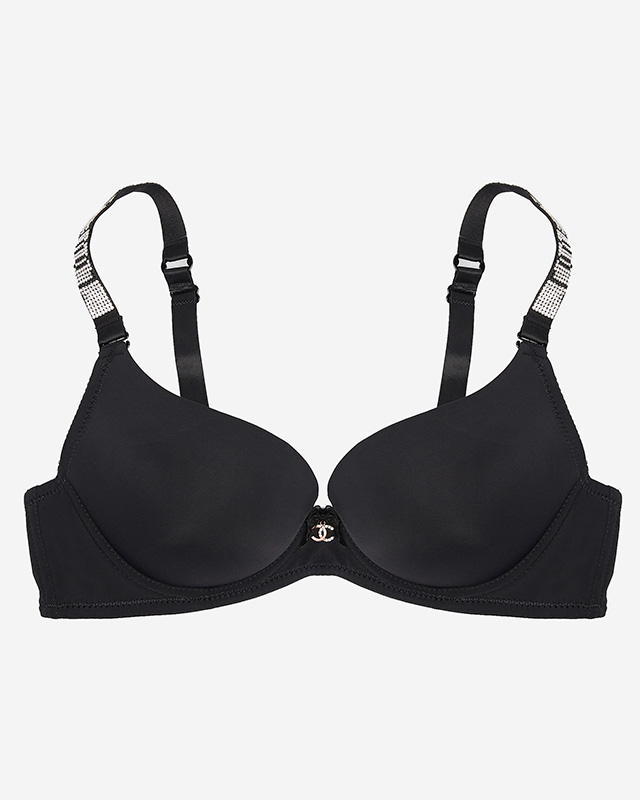 Черный однотонный бюстгальтер с декорированными бретелями - Нижнее белье