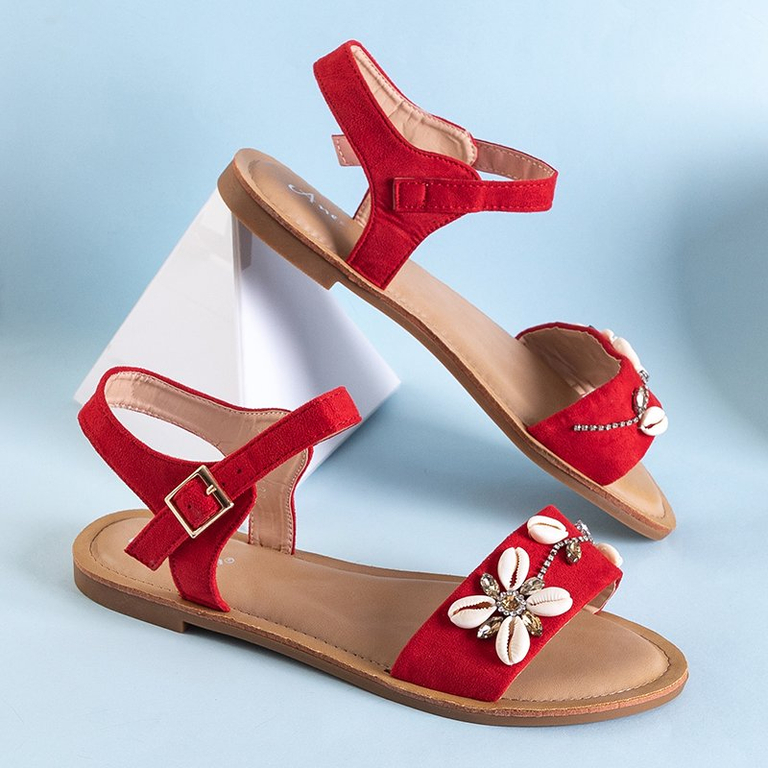 Moteriškos raudonos, plokščios basutės su ornamentais „Lucia“ - Avalynė