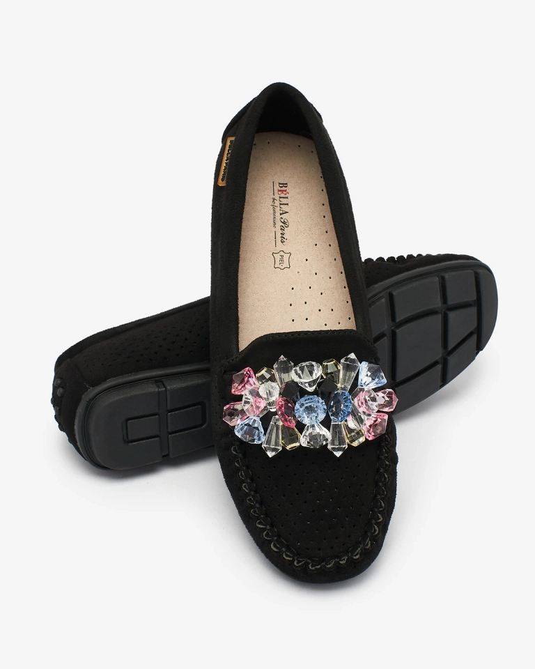 "Royalfashion" Ažūriniai juodi moteriški mokasinai su dekoratyviniais kristalais "Cizzas"