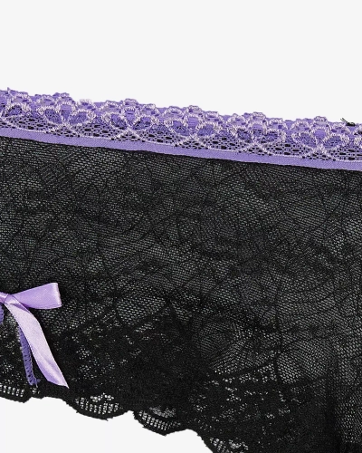 Juodos nėriniuotos moteriškos kelnaitės su violetiniais lankeliais - Apatinis trikotažas