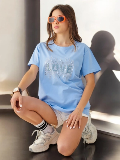 Royalfashion Moteriška medvilninė T-shirt MEILĖ su blizgučiais