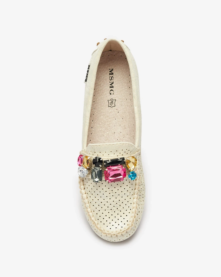 Кремовые женские ажурные мокасины с разноцветным декором Aqitic - Обувь