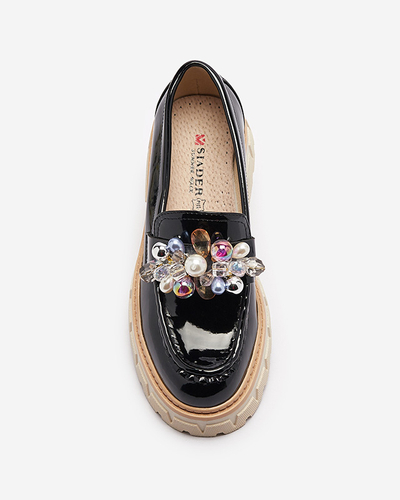 Черные лакированные женские мокасины с орнаментом Leliab- Footwear