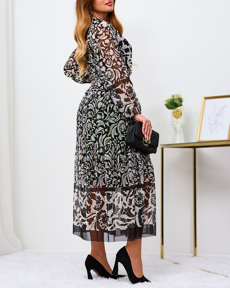 Royalfashion Juodai balta tinklinė gėlėta maksi suknelė