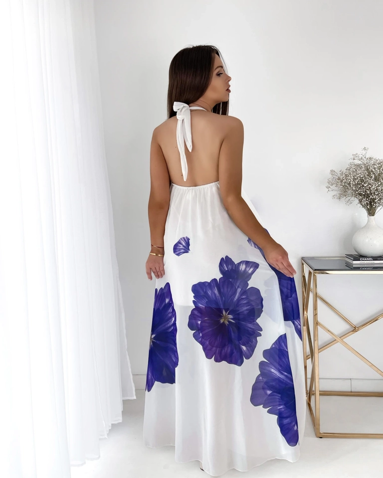 Белое женское платье-миди с фиолетовыми цветами - Одежда