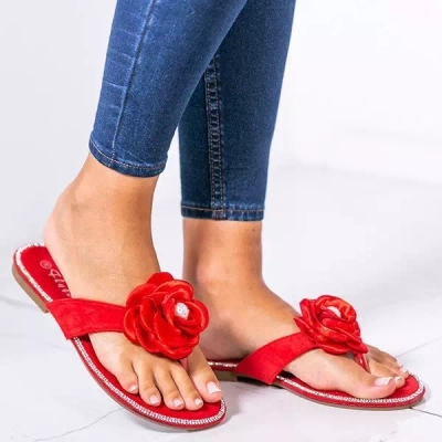 OUTLET Raudonos spalvos šlepetės su dekoratyvine gėle Piawa - Avalynė