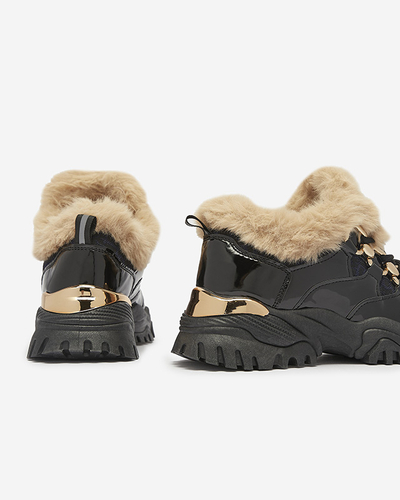 Спортивные лакированные черные женские кроссовки с мехом Axili- Footwear