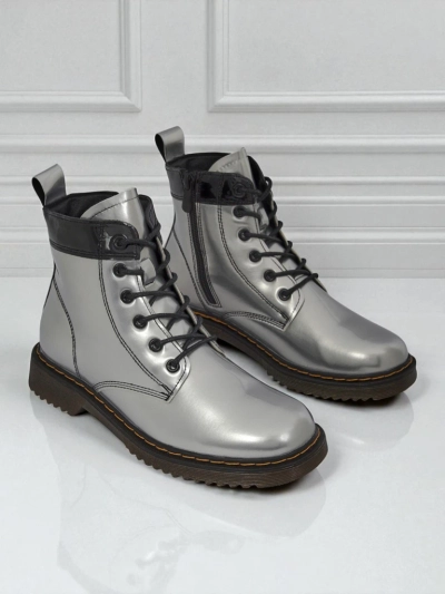 Celestina Eco Patent Leather Silver Ankle Boots with Zipper