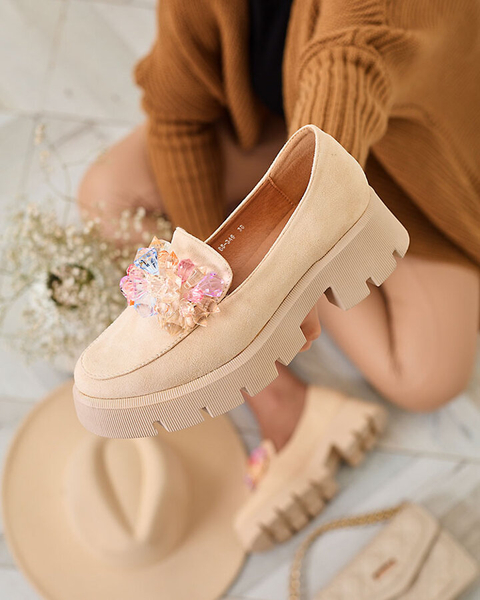 Royalfashion Smėlio spalvos moteriški mokasinai su spalvotais kristalais Crystal Glam