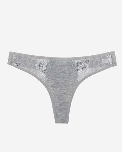 Pilkos spalvos medvilninės moteriškos stringai su dekoratyviniais nėriniais - Apatiniai