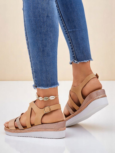 Sandały damskie koturny Callista Royalfashion jasny brązowy lato skóra – sztos!