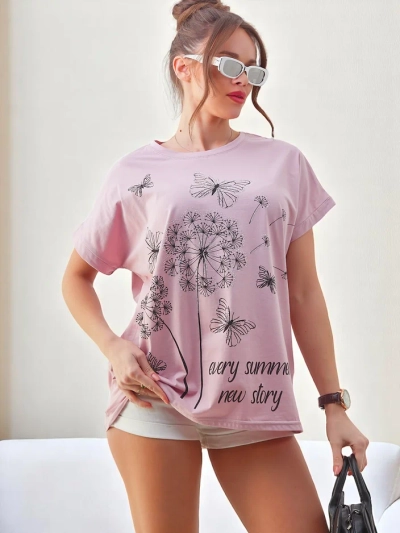 Royalfashion Moteriška medvilninė marškinėliai su pienėmis ir drugeliu