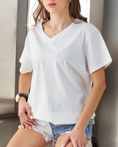 Royalfashion Moteriška medvilninė laisvalaikio T-Shirt su V formos kaklo iškirpte